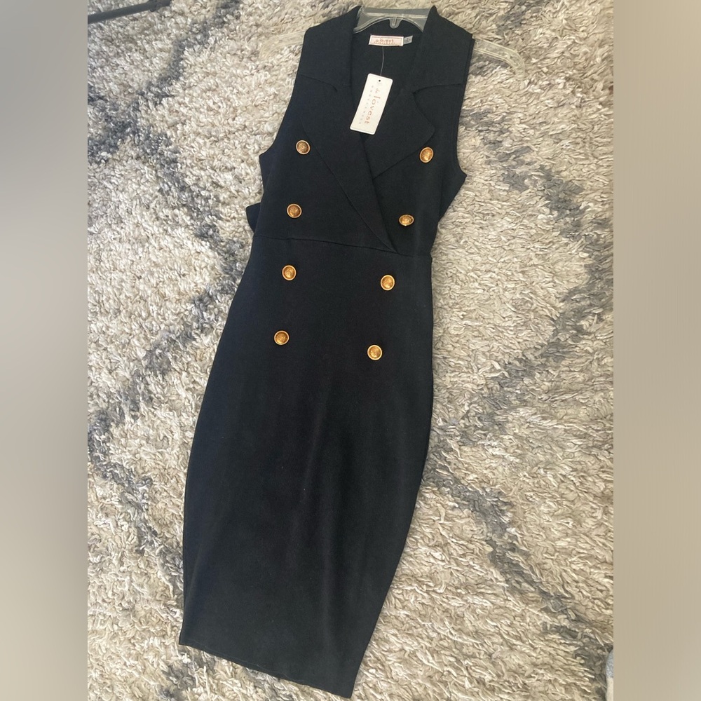 #113 DE LOVEST Black Double-Breasted Midi Dress with Gold Buttons